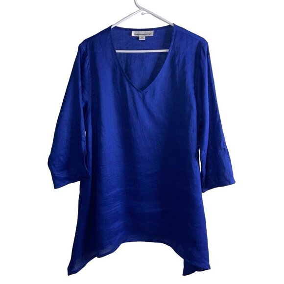 Caroline Rose Womens Tunic Size XL Blue Pure Linen Sharkbite Hem Made In USA - Picture 7 of 8